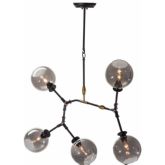 Atom Pendant Lamp in Matte Black & Brass w/ 5 Round Grey Glass Shades